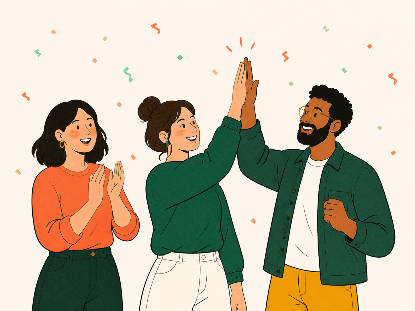 Three colleagues celebrating a win together