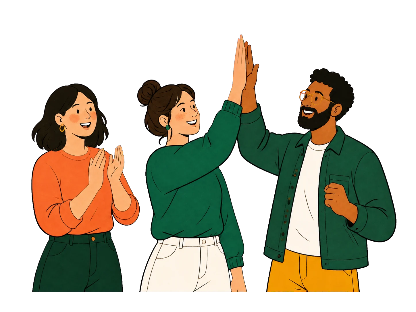 Three colleagues celebrating a win together